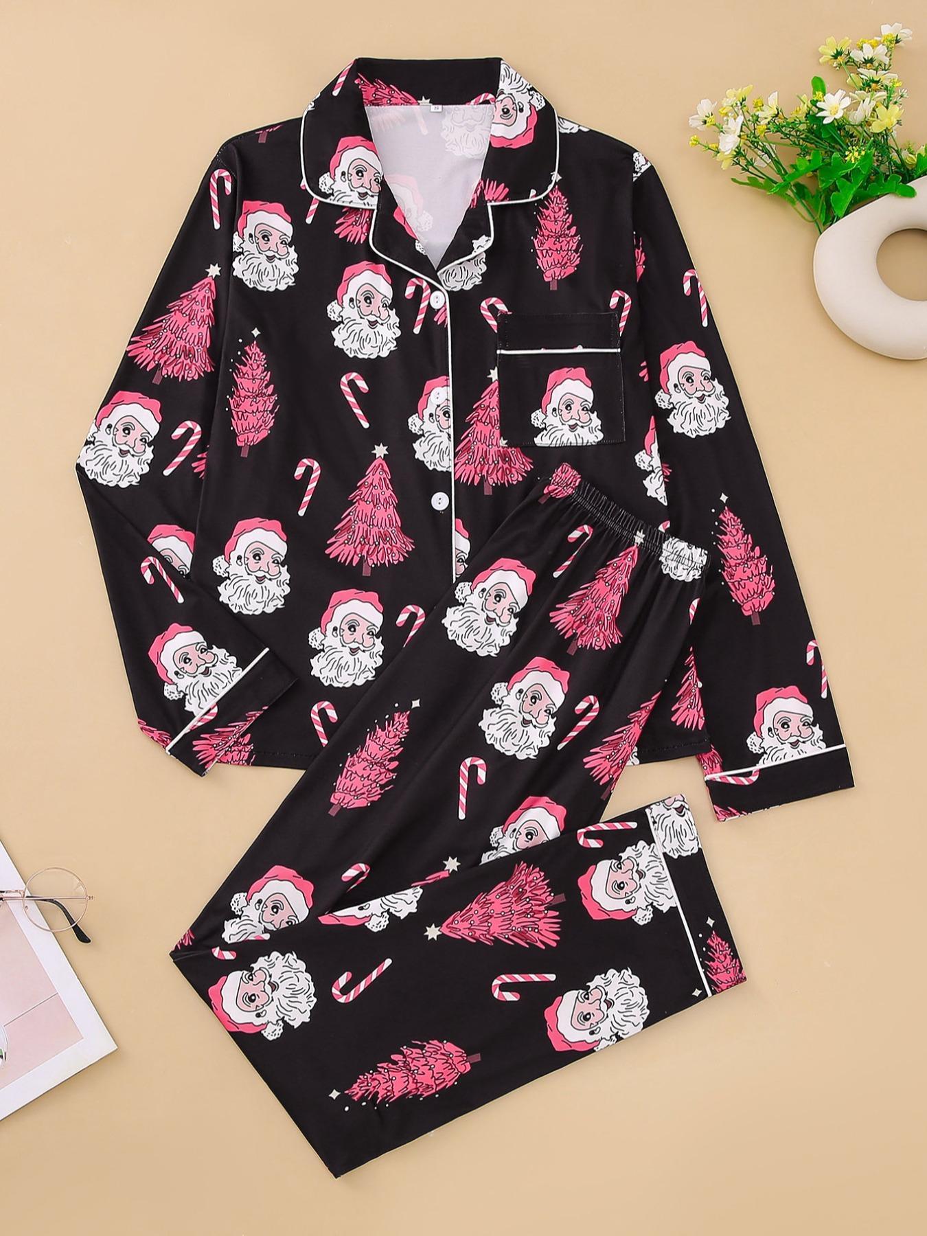 Two-piece Set Women's Christmas Print Button Front Pocket Shirt & Elastic Waist Pants Pyjama, Casual Comfy Long Sleeve Collared Top & Trousers Pyjama Set, Women's Sleepwear Loungewear for Spring & Fall, Pajama Set