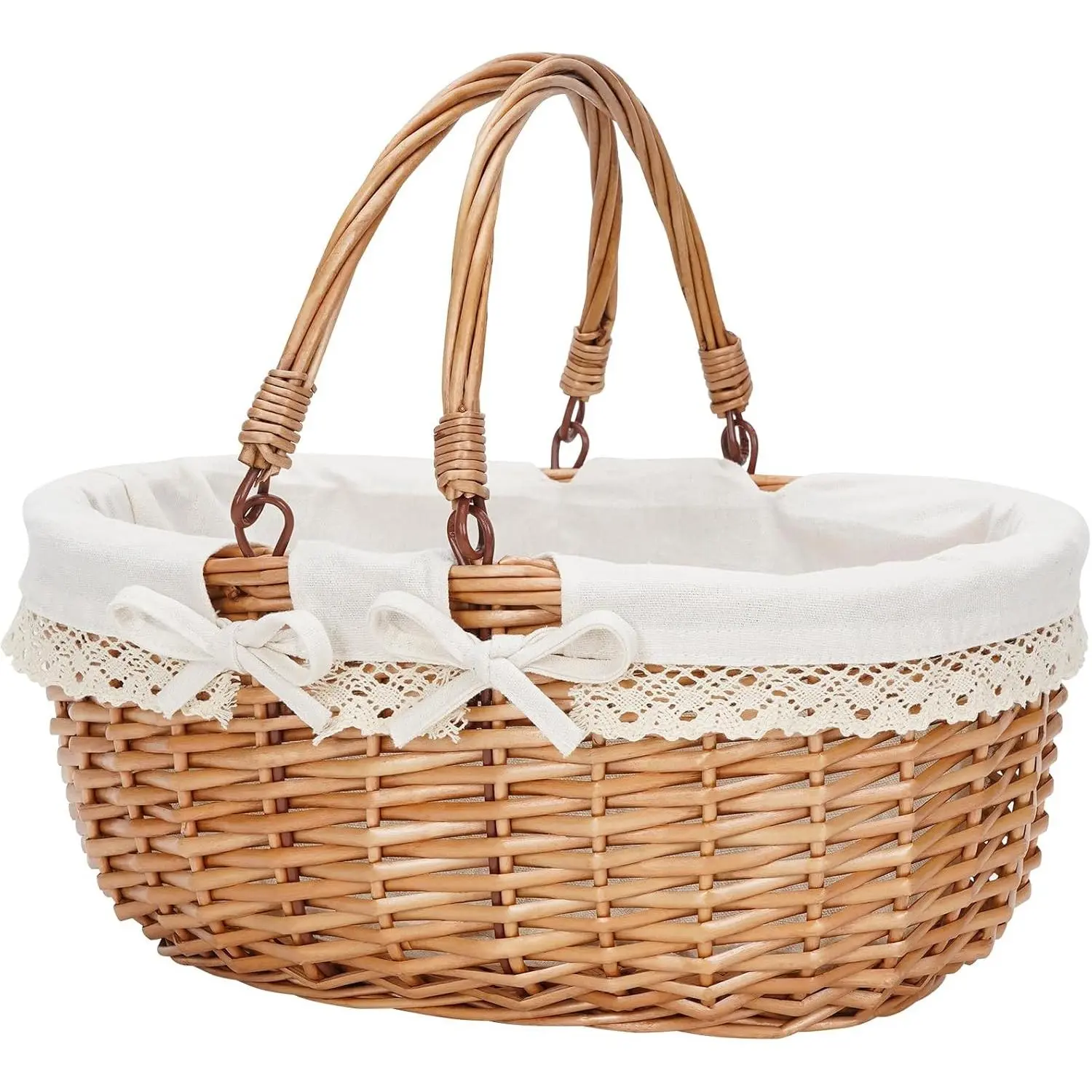 Oval Picnic Basket with Folding Handles, Hand Woven Willow Shopping Basket, Bath Storage Gift Packing Wicker Empty Basket for Easter Eggs Candy Small Gift, Cream