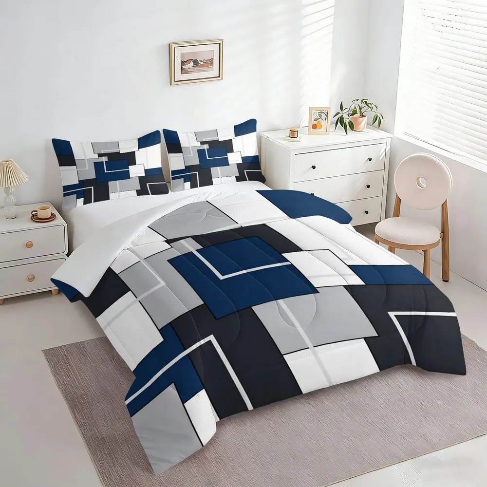 2/3Pcs Modern Geometric Comforter Set, Minimalist Navy Blue Gray & White Bedding Set for Bedroom, Soft Quilt with Matching Pillowcase, All-Season Bed Set for Adults & Teens No Pillow Core