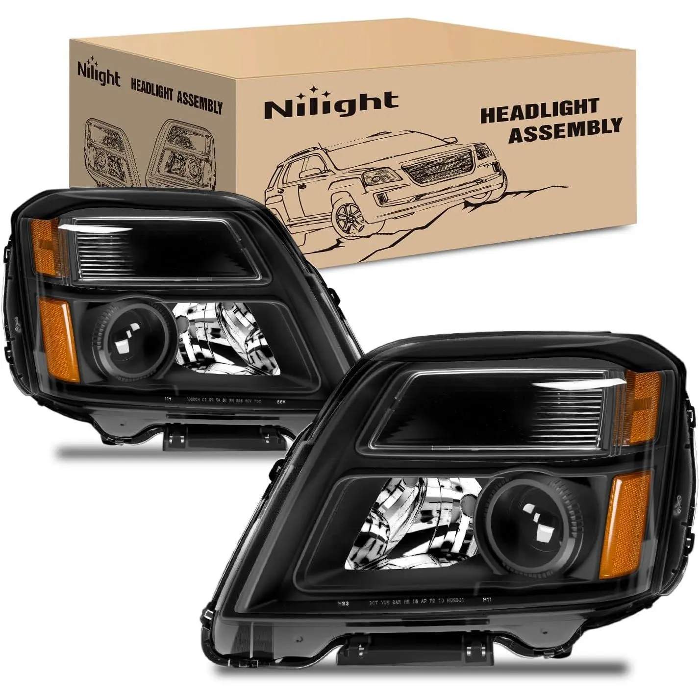 Nilight Halogen Projector Headlight Assembly - Luminous, Brightening, Waterproof, Adjustable, Reflective - Compatible with 2010-2015 GMC Terrain, OE-Style Replacement, Black Housing, Amber Reflector, Driver & Passenger Side