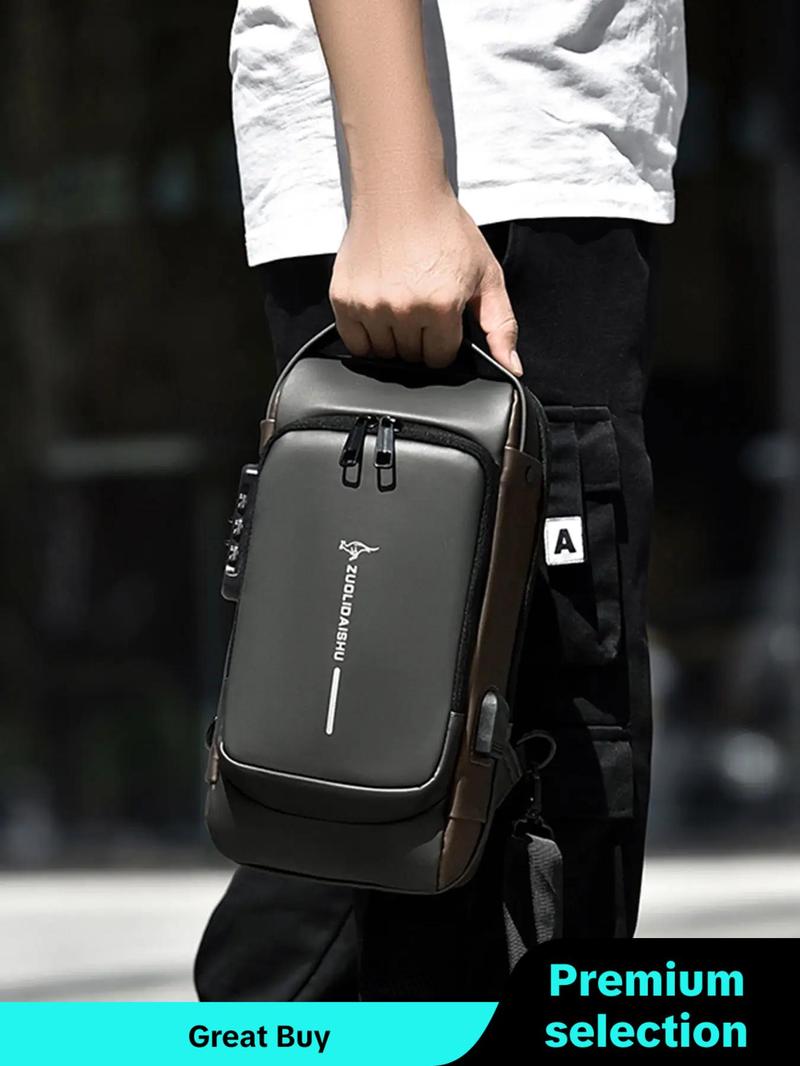 Letter Pattern Zipper Pu Sling Bag with Password Lock for Summer 2024, Waterproof Travel Business Chest Bag, Male Simple All-match Crossbody Bag As Gift, Designer Inspired Bags, 80s Luxury Aesthetic Crossbody Bags Valentine's Day, Gift for Him,  Work Bag