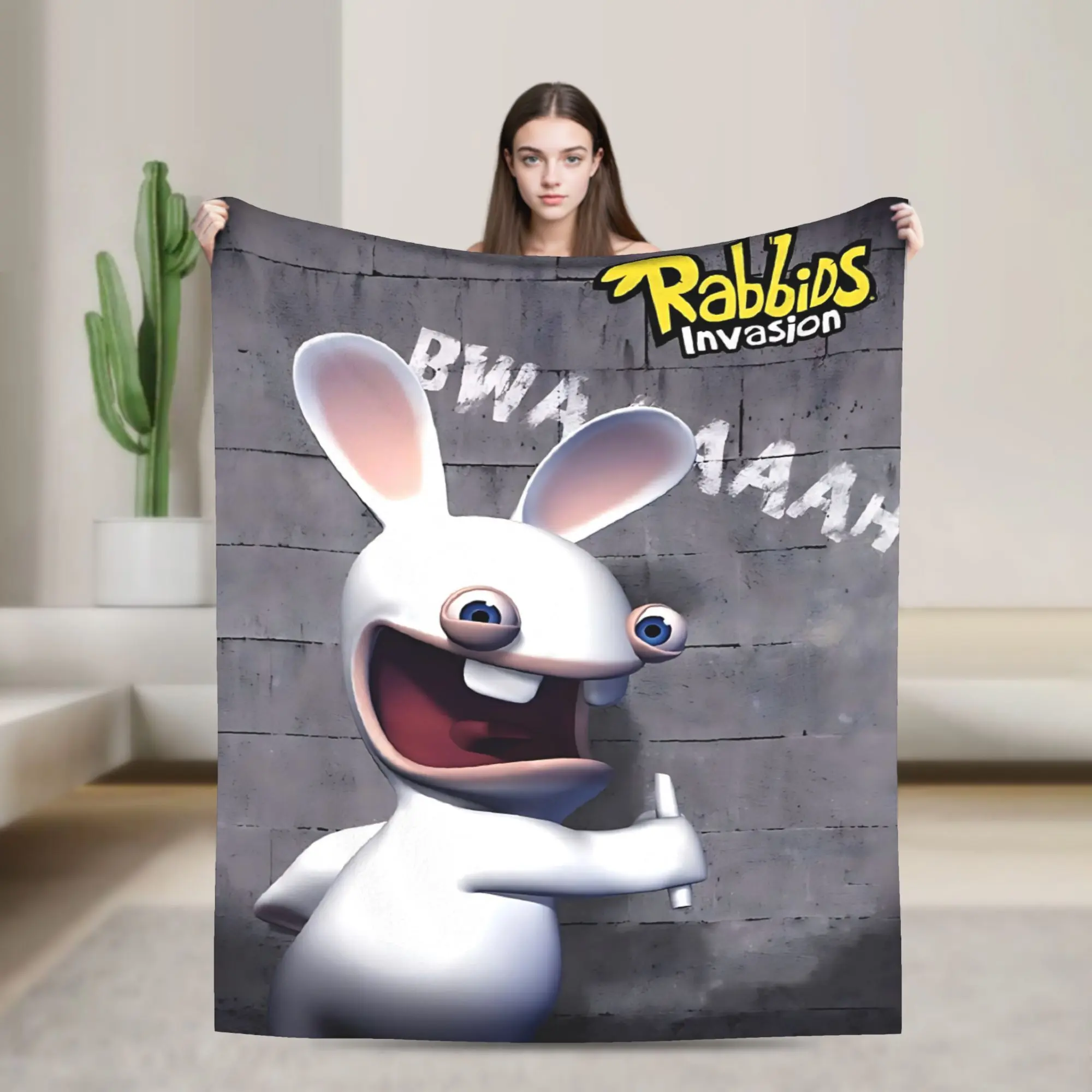 Rabbids Invasion Crazy White Rabbit Brick Wall Flannel Throw Blanket Gray Graffiti Text Cartoon Soft Warm Blanket Gift for Kids Toddler Rabbids Fans