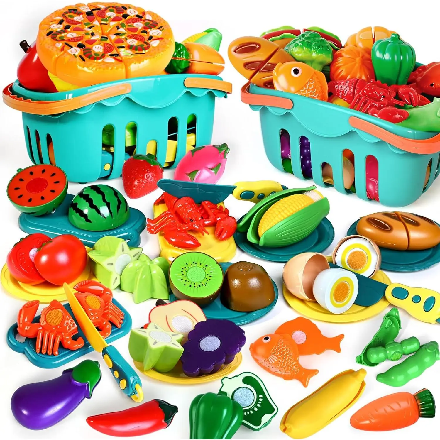 100-Piece Plastic Play Food Toy Kit, Pretend Food Blocks with 2 Baskets, Cutting Fake Fruit/Vegetable Accessories for 1-3 Years Old Boys/Girls, Birthday Gifts