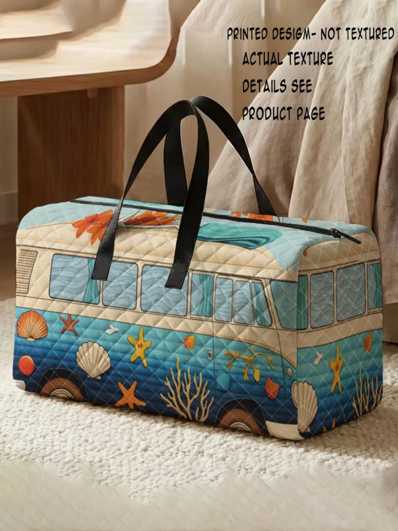 Underwater Shell Starfish Car Print Handbag, Large Capacity Travel Luggage Bag, Portable Overnight Bag, Yoga Training Bag, Shoe Storage Crossbody Bag
