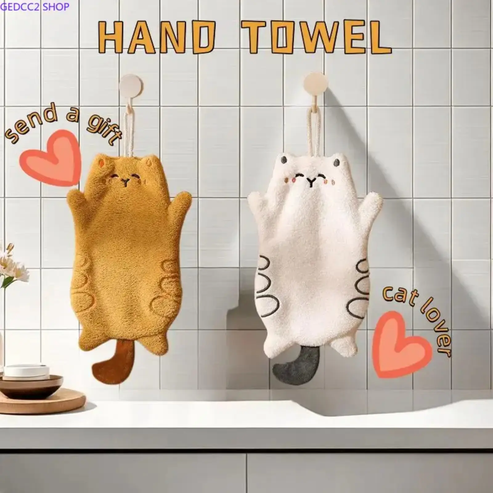 2-Pack Cute Cat Hanging Hand Towels, Soft Fleece Kitchen Bath Towels, Absorbent Home Decor Gift for Cat Lovers (Sports & Outdoor Camping & Hiking Hammock Accessory)