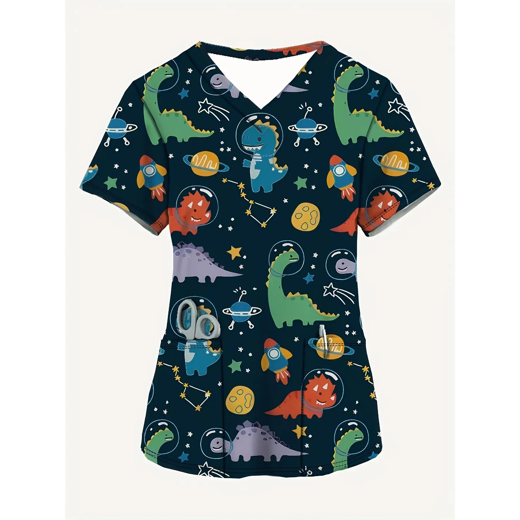 [Dinosaur Print Scrub] Women's Scrub Uniform with V-Neck Short Sleeve - Cute Dinosaur Print Nurse Uniform Suitable for Doctors & Nurses, Pockets, Machine Washable Spring/Summer Healthcare Attire