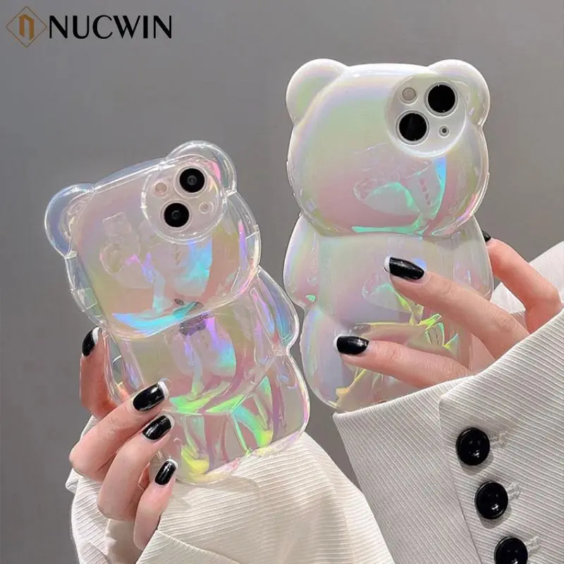 Ins Cute 3D Aurora Cartoon Bear Case For iPhone 11 13 12 14 15 16 17 Pro Max Plus Air Colorful Laser Rainbow Gradient Soft Cover