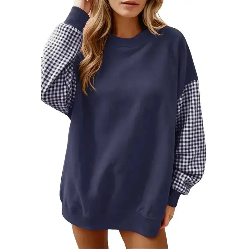 Women Casual Long Sleeve Pullover Tops, Loose Fit Crew Color Block Plaid Patchwork Sweatshirt