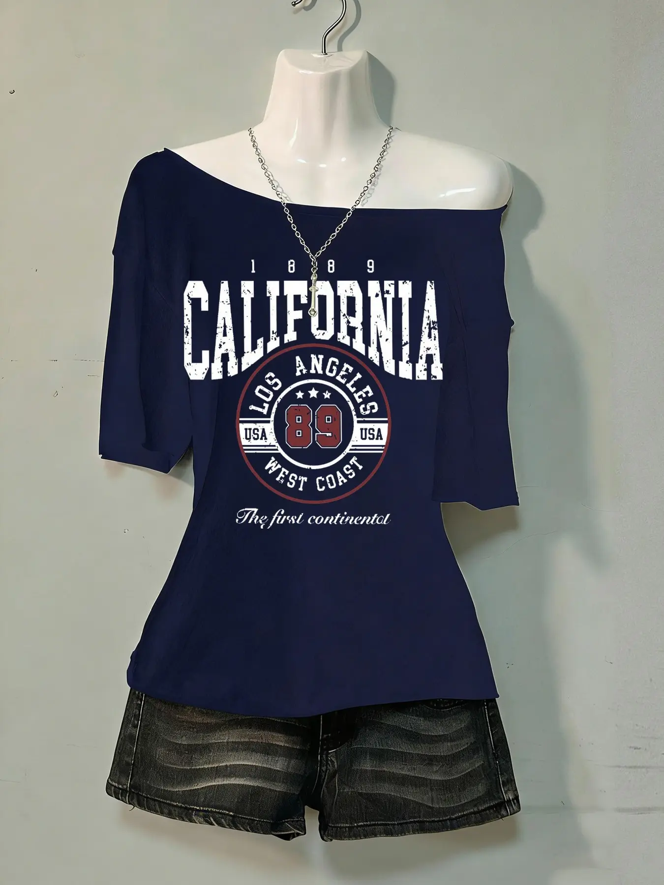 Women's Galifornia Print Off-Shoulder Casual Loose Fit Top, Street Style Y2K Daily Summer Vacation Wear, Blue Short Sleeve Shirt
