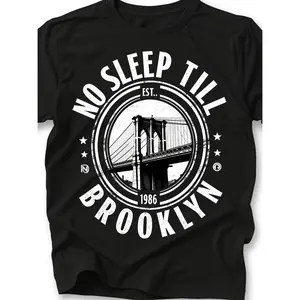 180gCrew Neck T-shirt, Printed with the Words "Won't Rest Until I Get to Brooklyn, " Casual and Simple Summer Cool T-shirt, Machine Washable, Suitable as a Gift for Family, Available in Large Sizes, for Teenager