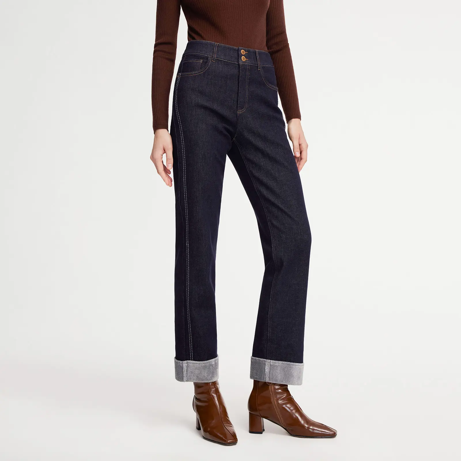 Denim High-Waisted Fleece Lined Women Folded Jeans