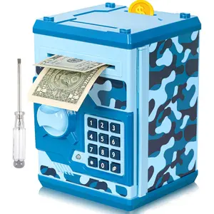 ATM Piggy Bank for Boys Girls, Mini ATM Coin Bank Money Saving Box with Password, Kids Safe Money Jar for Adults with Auto Grab Bill Slot, Great Gift Toy Bank for Kids(Camouflage Blue)