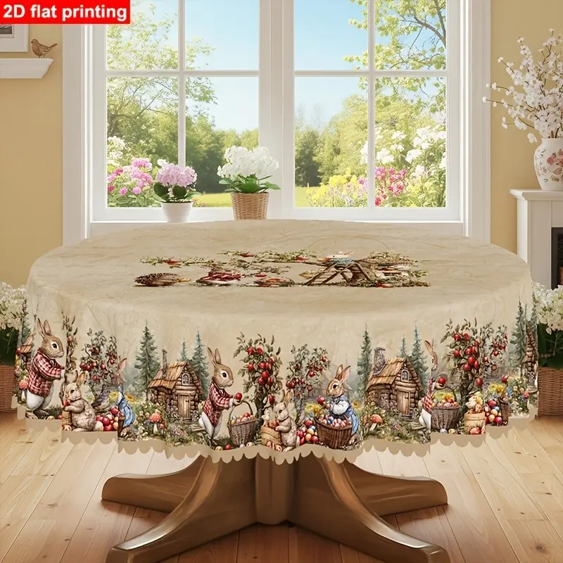 Easter Theme Round Tablecloth with Trim, Spring Fall Rabbit Apple Hedgehog Egg Country Style Print, Embossed Edge, Ideal for Picnic Dinner Kitchen Restaurant Decor