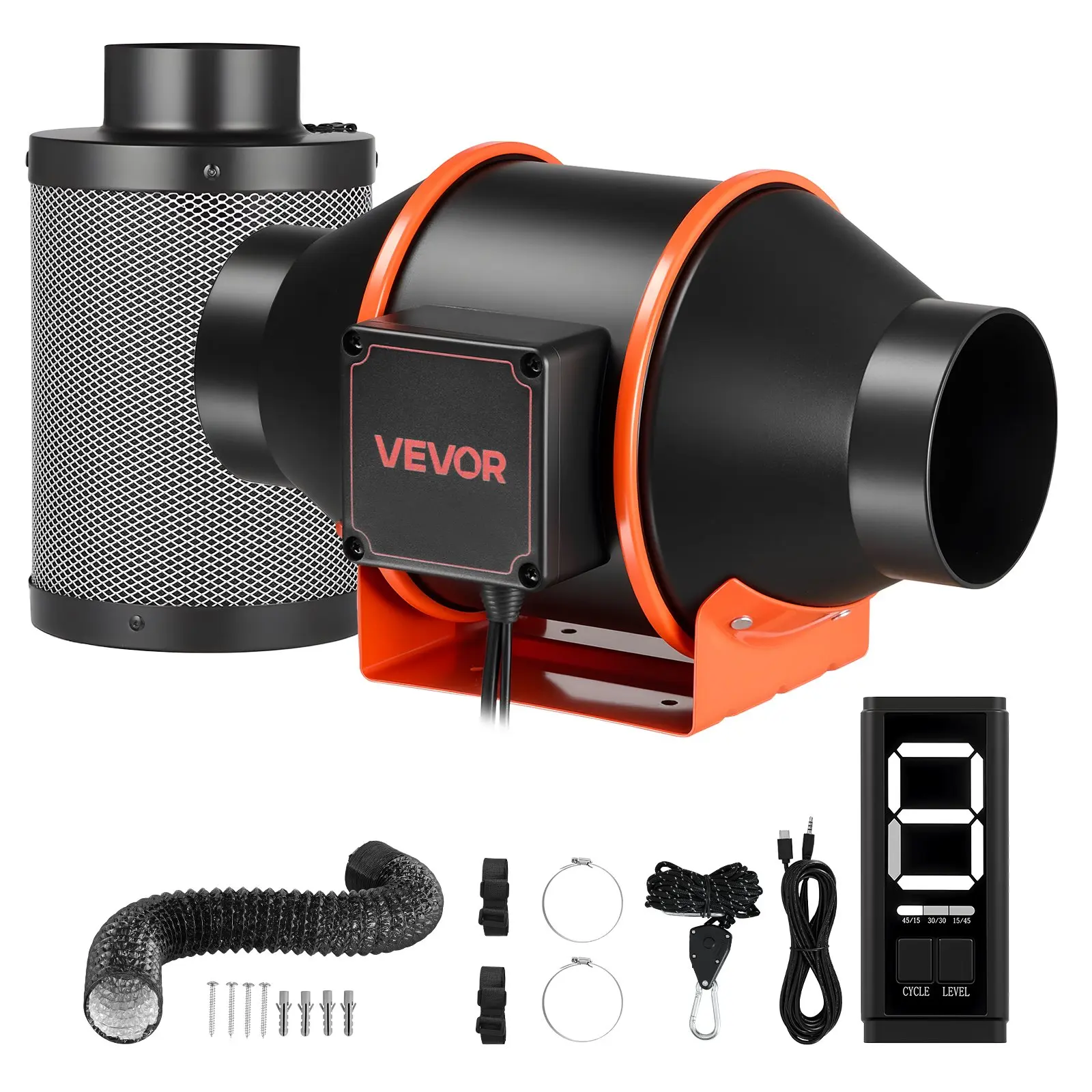 VEVOR Inline Duct Fan Kit with Carbon Filter, 205 CFM 4 inch EC Motor Ventilation Fan with 3-Speed Circulation, 10-Speed PWM Controller, Timer, Cooling for Grow Tents, Indoor Gardening, Hydroponics