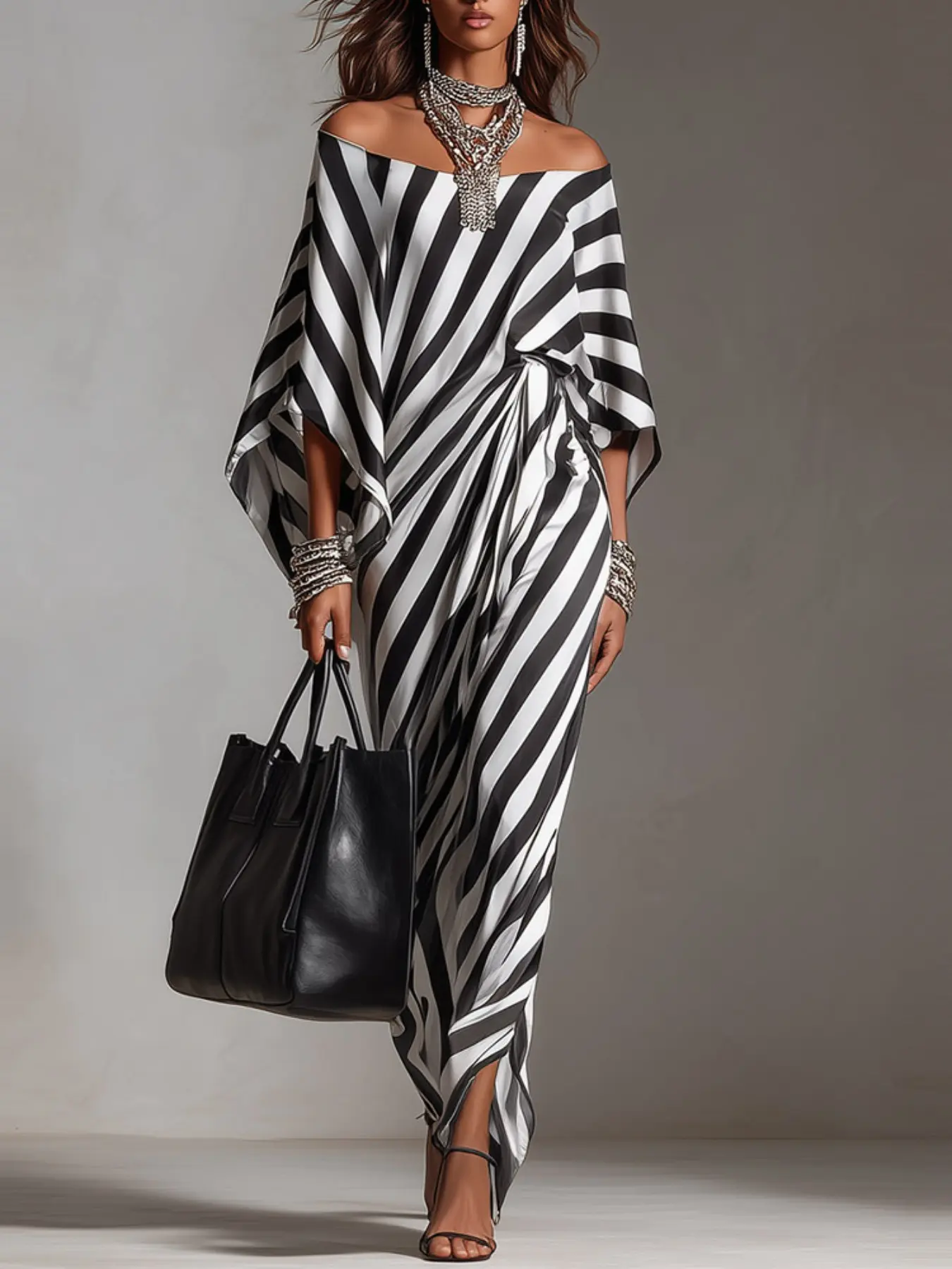 Elegant Vintage Striped Midi Dress, Loose-Fit Half Sleeve, All-Season Fashion, High-End Casual Design, Perfect for Spring & Summer, Vibe