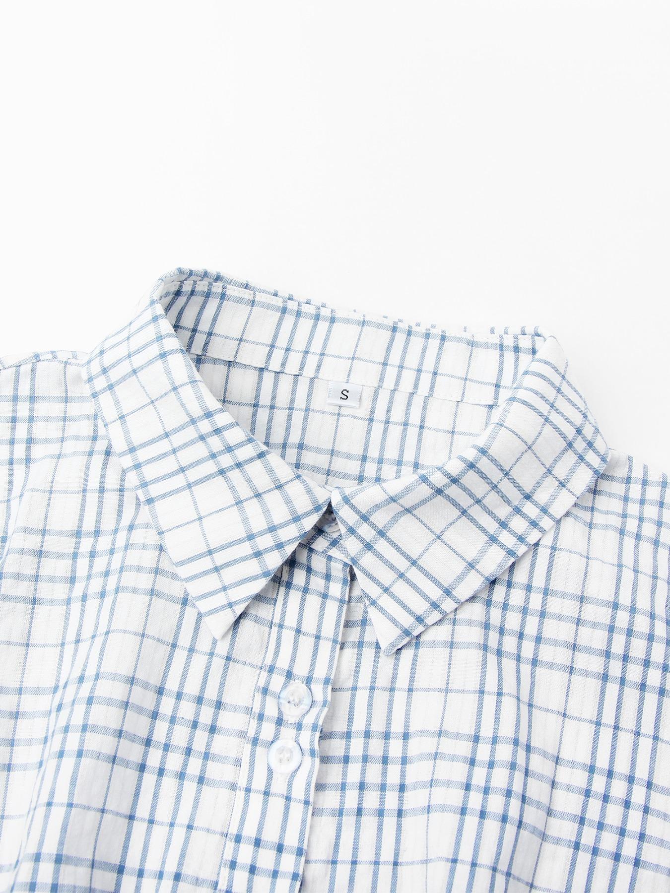 Women's Plaid Print Curved Hem Short Sleeve Casual Fitted Collared Blouse, Button Up Shirt, Casual Bishop Sleeve Top for Summer, Ladies Clothes for Daily Wear