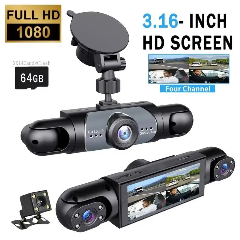 4-Channel Car Dash Cam, 1080P Full with Memory Card, 3.16-Inch Screen, Night Vision, Parking Mode, Car Video Surveillance & Interior DashcamXX14CandyClash