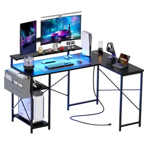 GARVEEL Shaped Computer Gaming Desk 54 Inch Reversible Desk with Power Outlet & LED Light, Corner Desk with Storage Bag, For Small Spaces Has Rgb Lights Strip Under Its Monitor Shelf