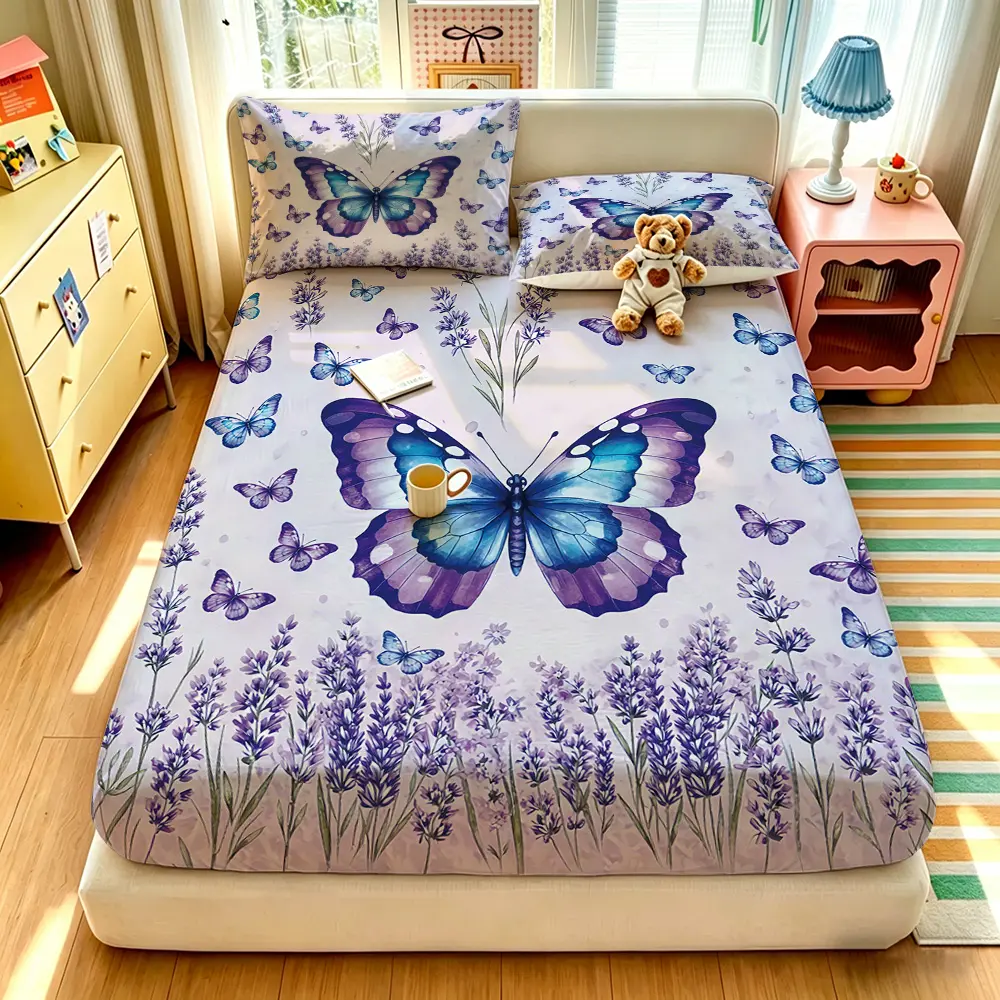 A 3-piece bedding set featuring a butterfly and lavender floral pattern, including one bedspread and two pillowcases, without a filling. The bedspread is soft and comfortable, with a deep pocket design, making it a perfect gift option.