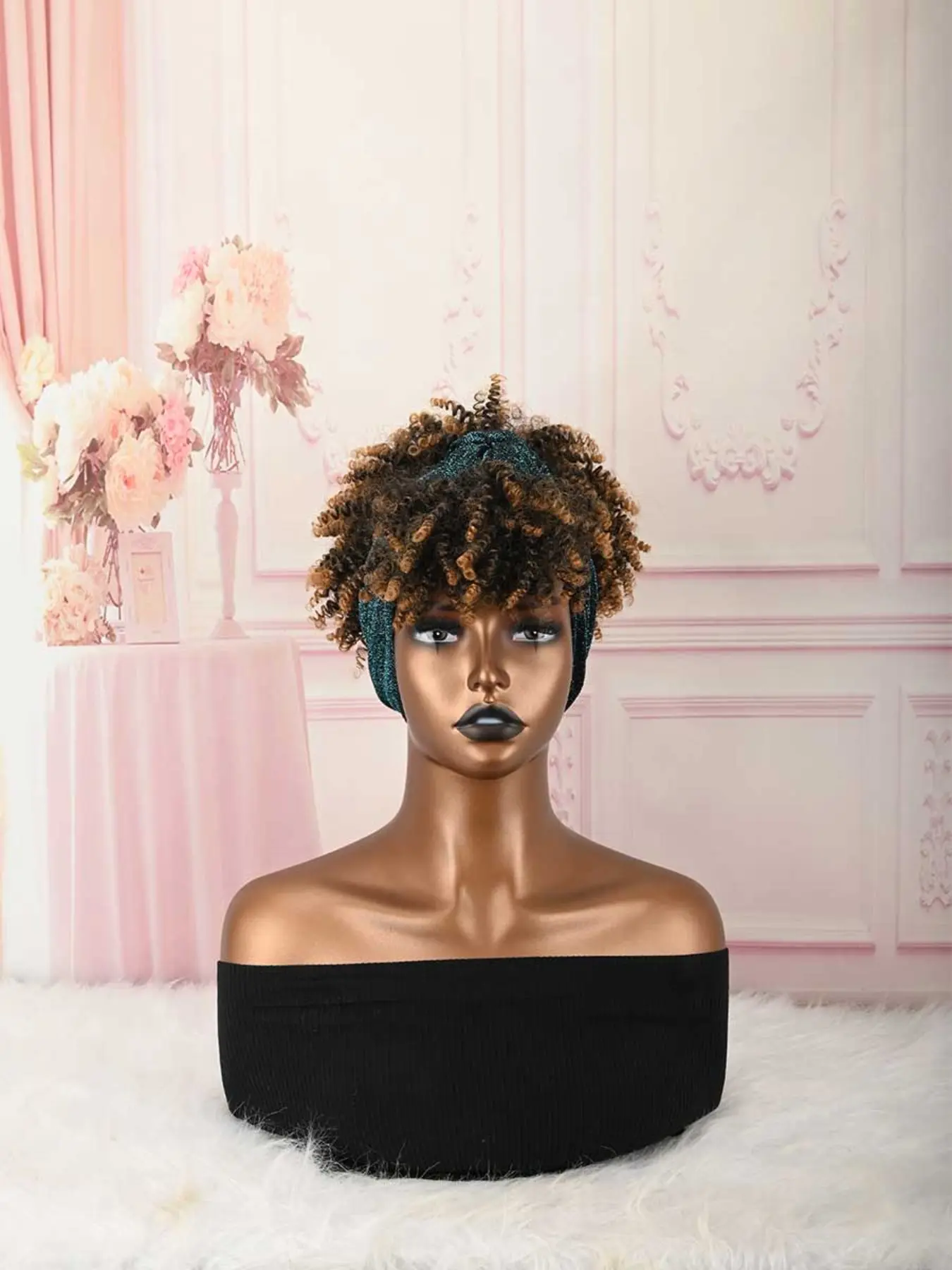 Headband Wigs for Synthetic Short Afro Kinky Curly Wigs Dark Brown Wig with Bangs Wrap Wigs 2 in 1 Turban Wig Drawstring High Puff Wigs Headwrap Wigs with Headband Attached Updo