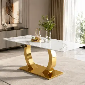 1 x White Glass Dining Table Top, 67.5x39.5x5 in Modern Marble-Look Tempered Glass, 106 lb Elegant Finish, Easy-Clean Sturdy, for Kitchen Restaurant Dining Room (Seats 4-6, Table Top Only)