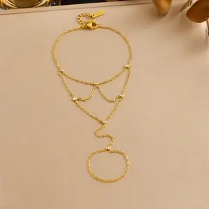 Women Rhinestone Hand Chain Bracelet, Gold Plated Stainless Steel Finger Connected Slave Bracelet, Dainty Anti-fade Trendy Hand Jewelry for Daily Club Party Gift