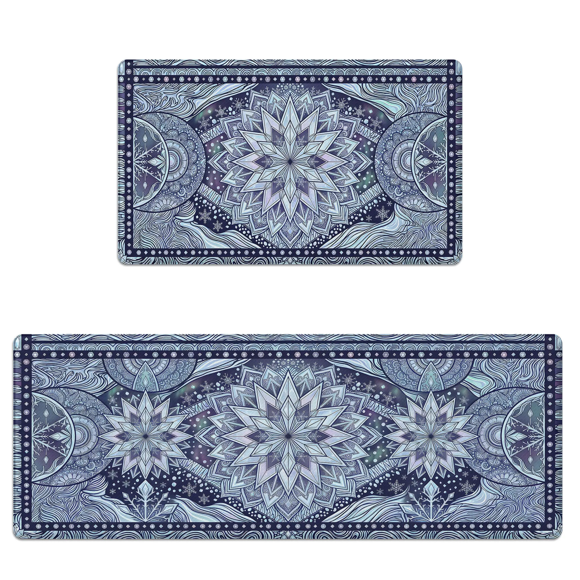 Home Kitchen Floor Mats Set of 2, Anti-Fatigue Cushioned Memory Foam, Non-Slip, Scratch-Resistant, Waterproof Blue Mandala Winter Snowflakes Rugs for Home