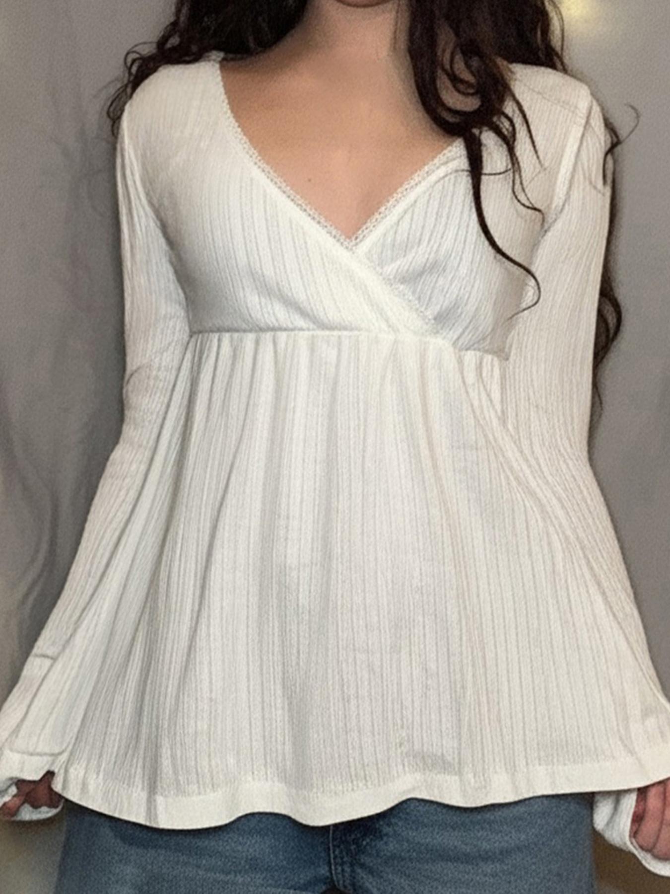 Fashionable Simple Lace Trim Cross V Neck A-Line Long Sleeve Knitted Top Blouse, Trendy Spring & Fall Casual Wear for Women