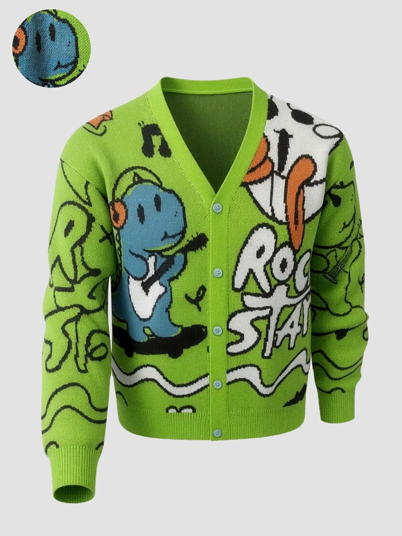 Men's V-Neck Knit Jacket, Cartoon Rock Star Dinosaur Skateboard Pattern Button-Up Sweater, Bright Casual Street Style Outerwear