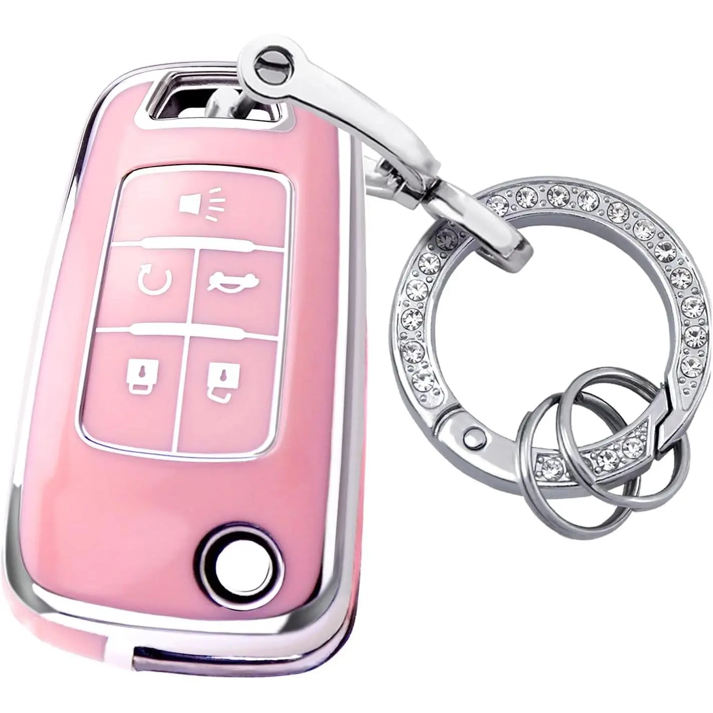 Car Key Fob Cover with Keychain - Premium Synthetic TPU Full Protection Dustproof Fade-Resistant Case Shell for Chevy, GMC, Buick Vehicles (Equinox, Camaro, Cruze, Malibu, Impala, Spark, Sonic, Terrain, Encore, Allure, Regal) (Pink)