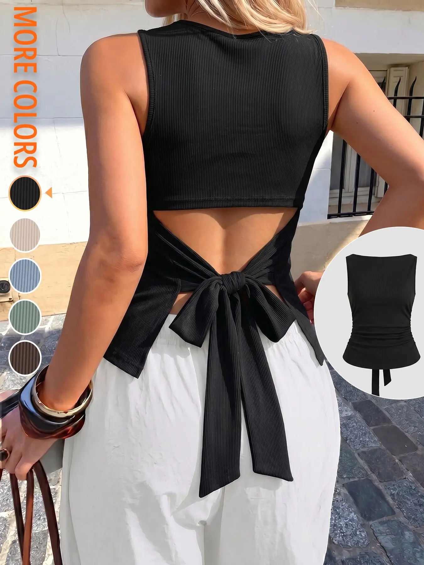 【Back to School Outfits】Women's Classic Versatile Solid Color Slim Fit Ribbed Sleeveless Tank Top, Elegant Back Bow Tie, Perfect for Summer