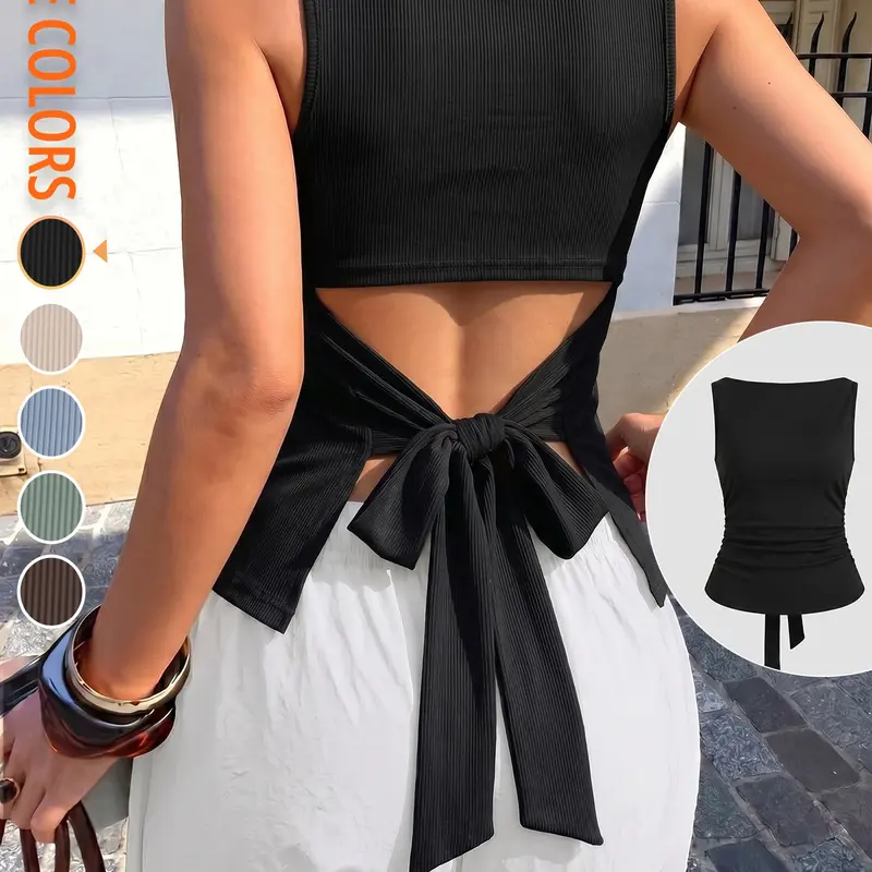 Women's Classic Versatile Solid Color Slim Fit Ribbed Sleeveless Tank Top, Elegant Back Bow Tie, Perfect for Summer, Camisole Tank Tops