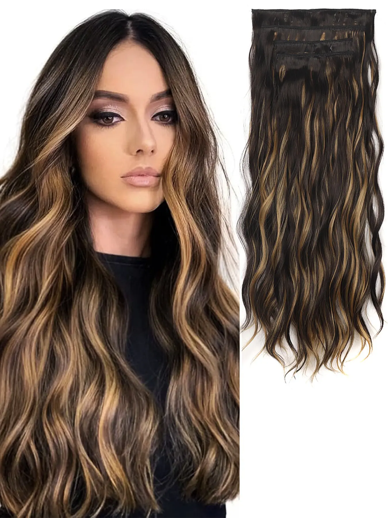 4 piece clip in hair extension set fluffy water wave natural clip in hair weft invisible hair clip loose and smooth for women synthetic hairpiece versatile styling for all occasions Long Wavy Hairpieces Wavy Hair Extensions