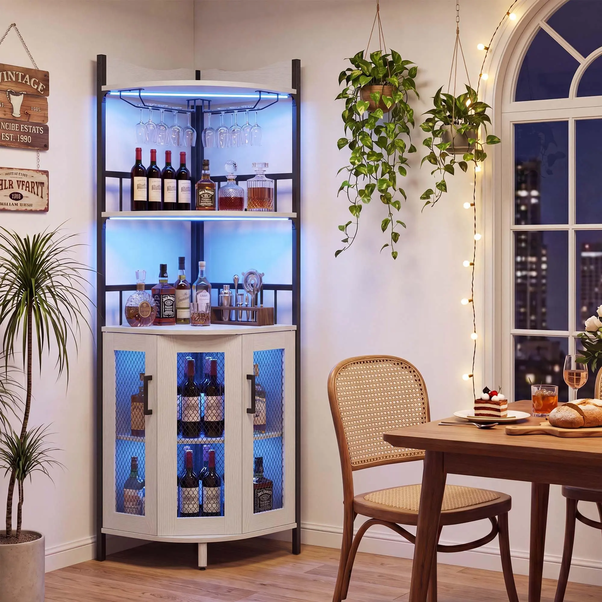 Corner Bar Cabinet – 5‑Tier Wine Cabinet with Power Outlets & LED Lights | White | Modern Corner Bar