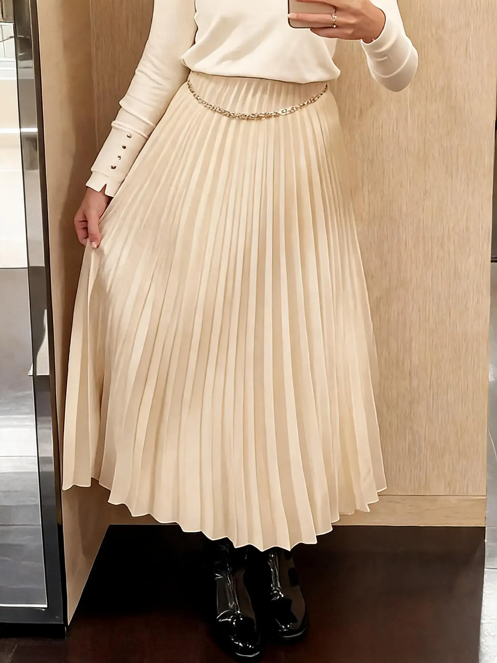 Satin Pleated Midi Skirt Women's Skirt Spring Summer 2026 Elegant Minimalist Style Brown Beige High Waist Skirts For Women Office Commutes & Brunch Outings Skirts