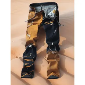 Men's distressed jeans, American-style trendy khaki jeans, straight-leg long pants with a uniquedesign, multiple pockets, large sizes, featuring retro patches a nostalgic look, made of durablefabric.