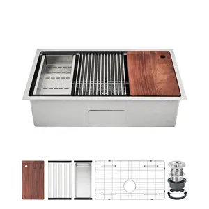 Versatile 16 Gauge Stainless Steel Undermount Kitchen Basin – Deep Single Bowl Workstation Ledge Utility Basin, Under Counter, Appropriate for Kitchen, Bar, Laundry Room – Black & Silver, 32x19x10 inch
