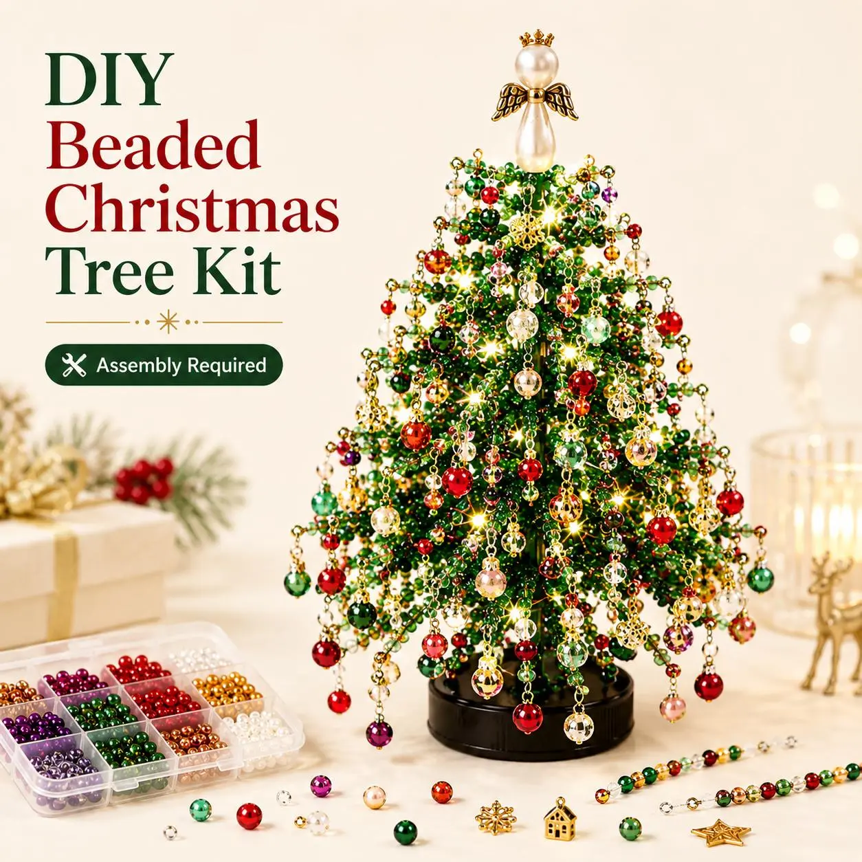 DIY Beaded Christmas Tree Kit, Assembly-Required Crystal Bead Craft Set with Ornament Charms, Metal Tree Frame, Angel Topper & Warm Lights, Handmade Tabletop Christmas Decor and Holiday Gift
