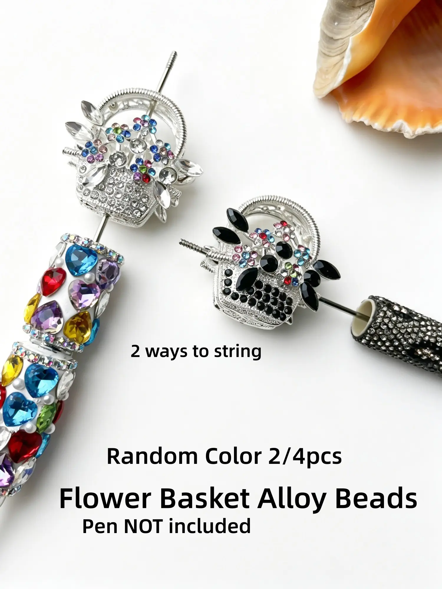 2/4pcs Cute Panda Rhinestone Alloy Flower Basket Shaped Focal Beads for Pens Colorful Beads for DIY Craft Beading Supplies Beaded Pens Bracelet Necklace Earrings Keychain Jewelry Making Rhinestone Decorated Beads