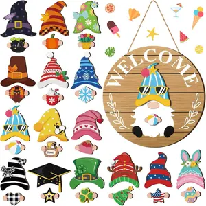 Qunclay 31 Pcs Delicate Interchangeable Wooden Gnome Door Hanger Holiday Seasonal Gnome Decorations with Magnet Pieces and Detachable Hats Changeable Welcome Sign for Home (Brown)