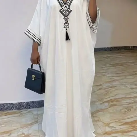 Women's Summer Solid Color Embroidered Fringe Caftan Casual Dress with Pockets and Side Slit