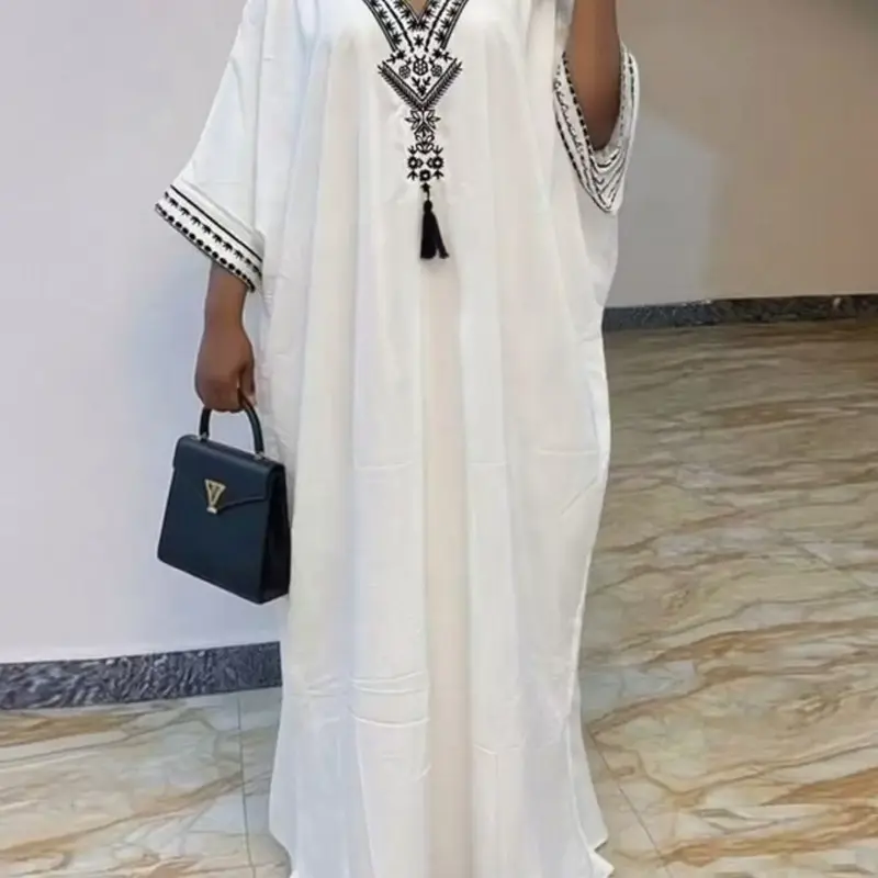 Women's Summer Solid Color Embroidered Fringe Caftan Casual Dress with Pockets and Side Slit