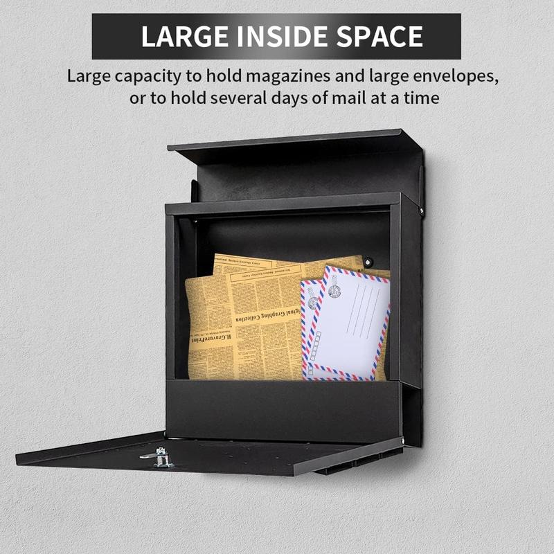 Mailbox Wall Mount,Large Capacity Locking Mailbox for Outside,Galvanized Steel Cover and Rust-Proof Metal  Box with Newspaper Holder,14.6"x14.6"x4.3" Black,MD025B