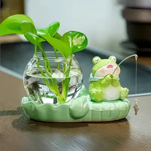 Cute Fish Pond Hydroponic Flower Pot - Ceramic Cat/Frog Shaped Decorative Planter without Plants, Office Desktop Healing Gift Hydroponic Vase