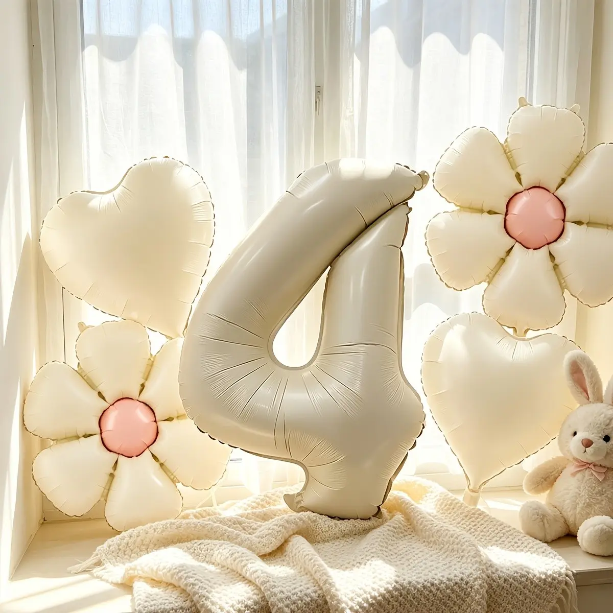 32inch Cream White Number Balloon 4 Digital Balloon with 18inch Daisy Balloons and heart balloons with white ribbon total 6pcs for 4th birthday anniversary wedding bridal shower graduation party decorations