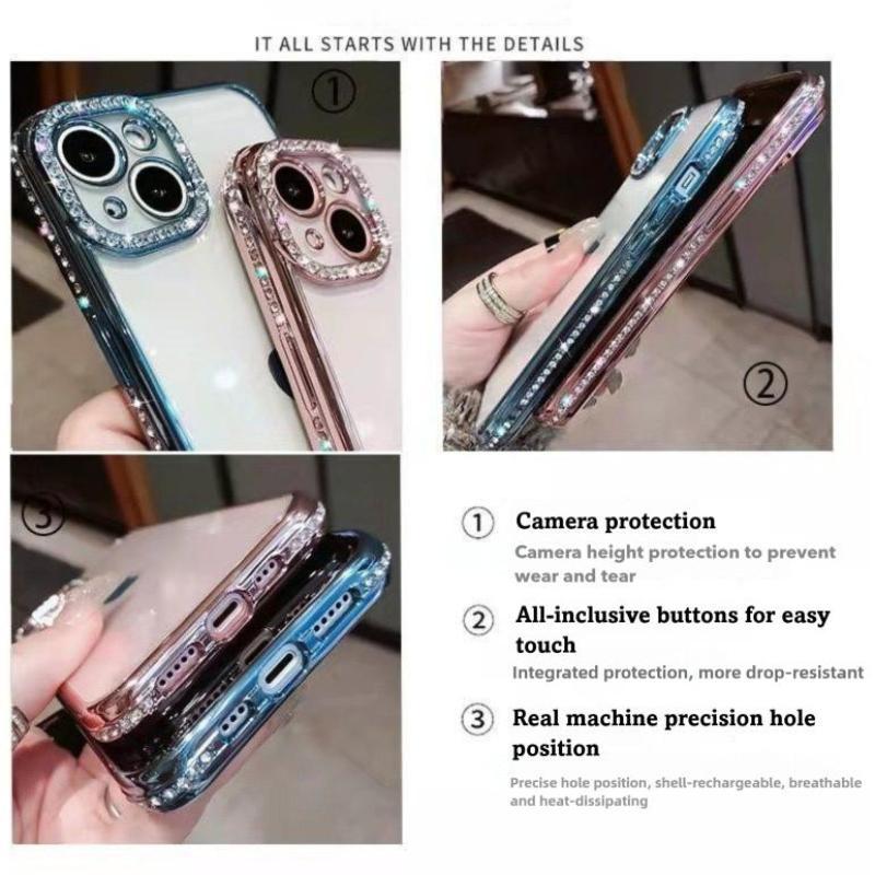 Transparent bling diamond phone case,Compatible with iPhone17Promax/16Pro/15Plus/14/13/12 series Case,Luxury Glitter Bling Sparkly Diamond Electro Plated Frame Edge Border Full Body Protective Clear Soft Shockproof Cover Phone Case