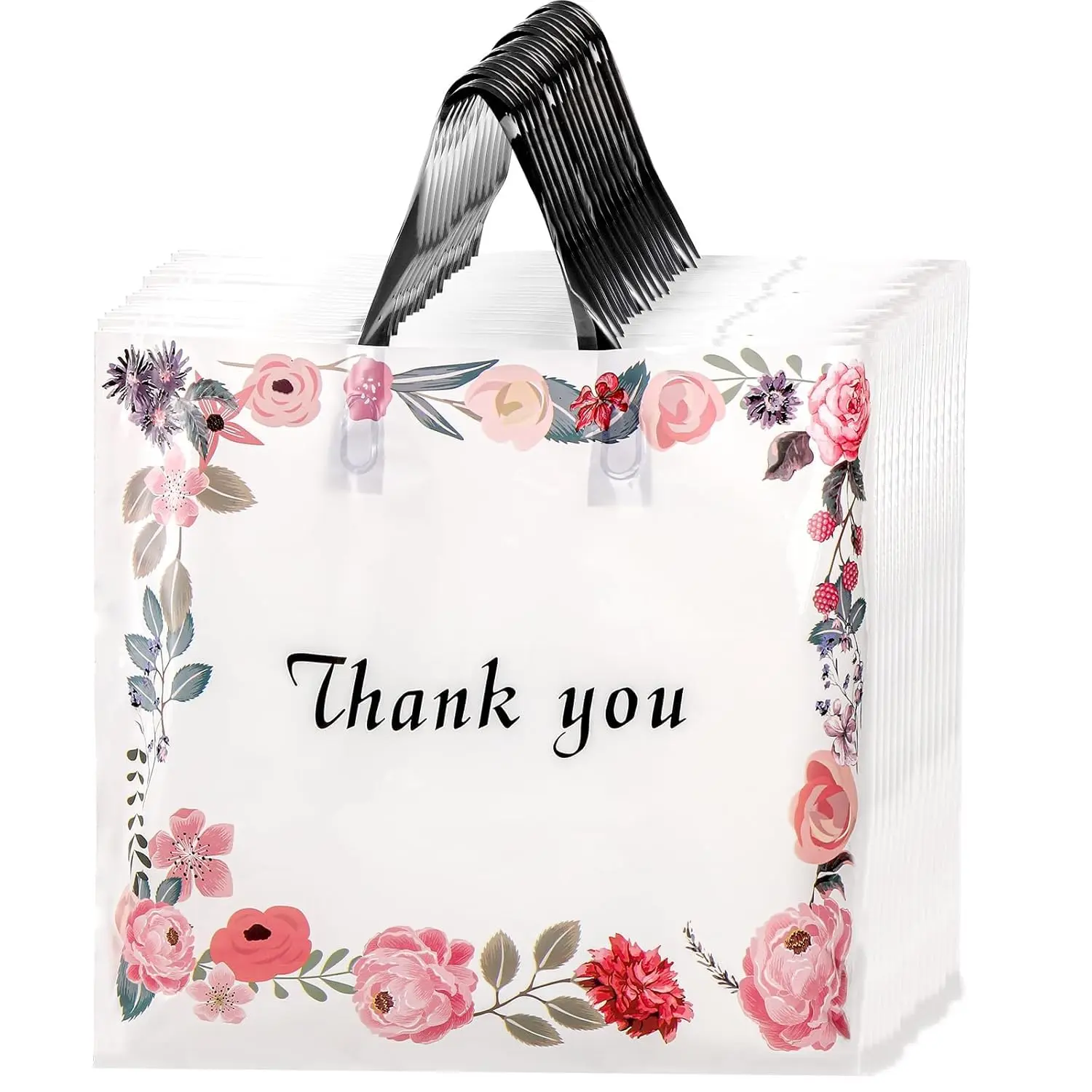 60 Pack Thank You Bag, Plastic Shopping Bag with Handles, 14'' x 12'' Spring   Merchandise Bags,  bag for Boutique, Clothing, Retail, Party