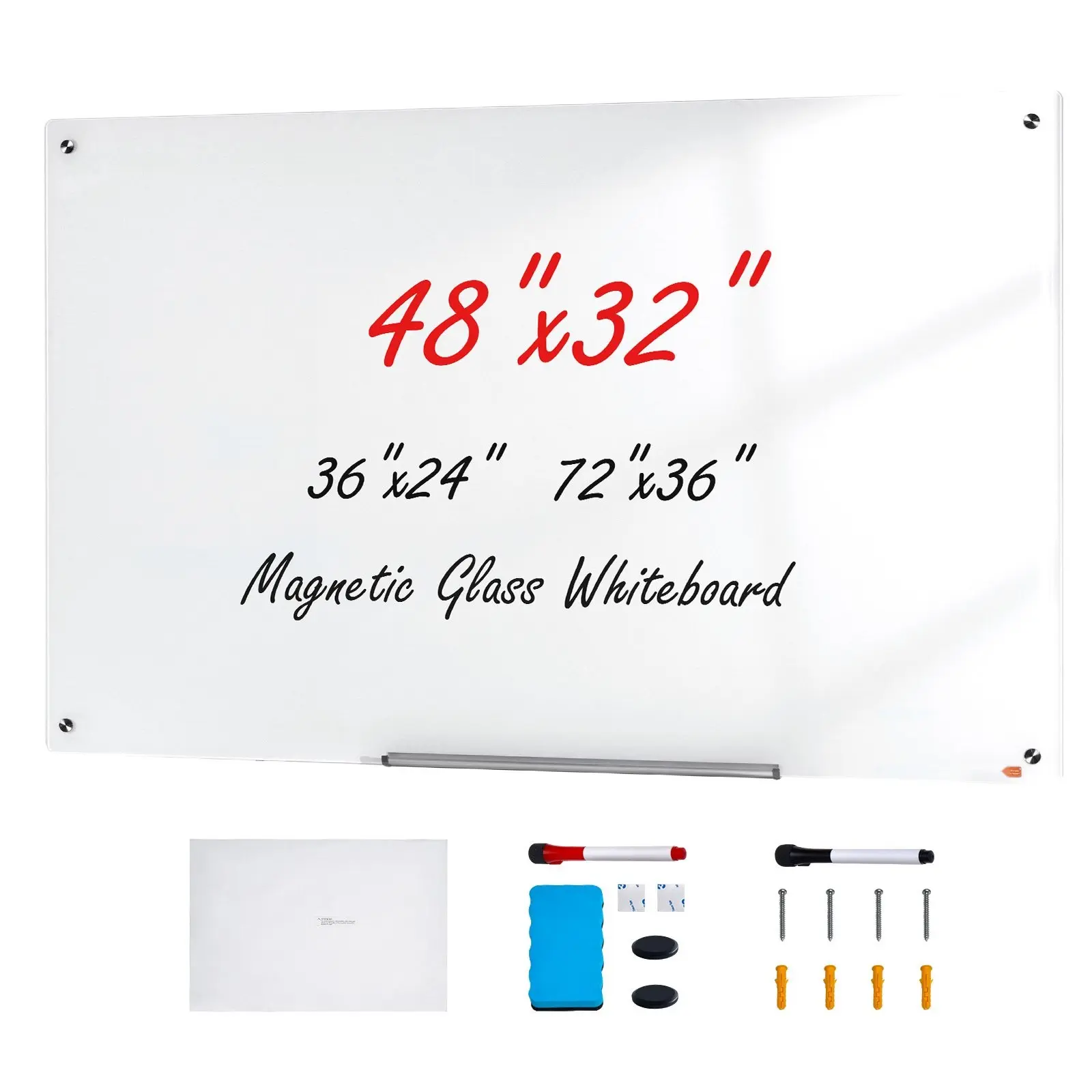 Tempered Glass Magnetic Dry Erase Board, 48x32in Wall-Mounted Frameless Office Tool with Mount Kit, Marker Tray, Eraser & 2 Markers, Ideal for Office & Classroom Use