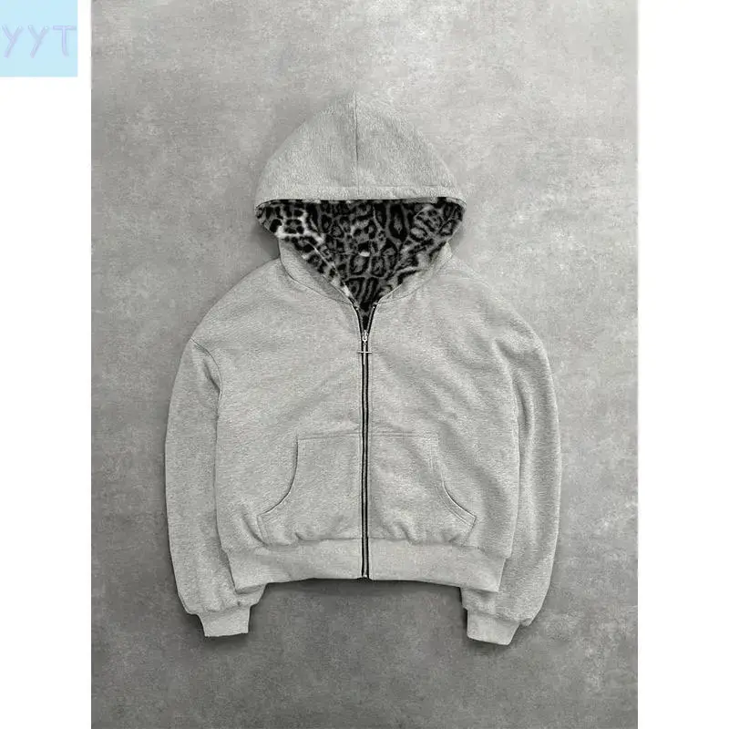 YYT1 New Two-sided Clothing Harajuku Retro Leopard Print Fashionable Loose Zipper Hoodie Men Hip-hop Casual Sweatshirt Women(Raincoats)