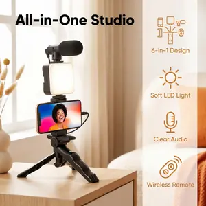 All-In-One Vlog Kit, Multi-Scene Video Gear, 6-in-1 Anti-Tilt Tripod 3-Tone Light Noise Mic BT Remote Free Type-C Adapter, Reinforced Portable Bracket, iPhone 15/16/17 Android, Home Travel Live Unbox, Beginner Beauty Student TikTok Youtube Gear, Plug & Pl